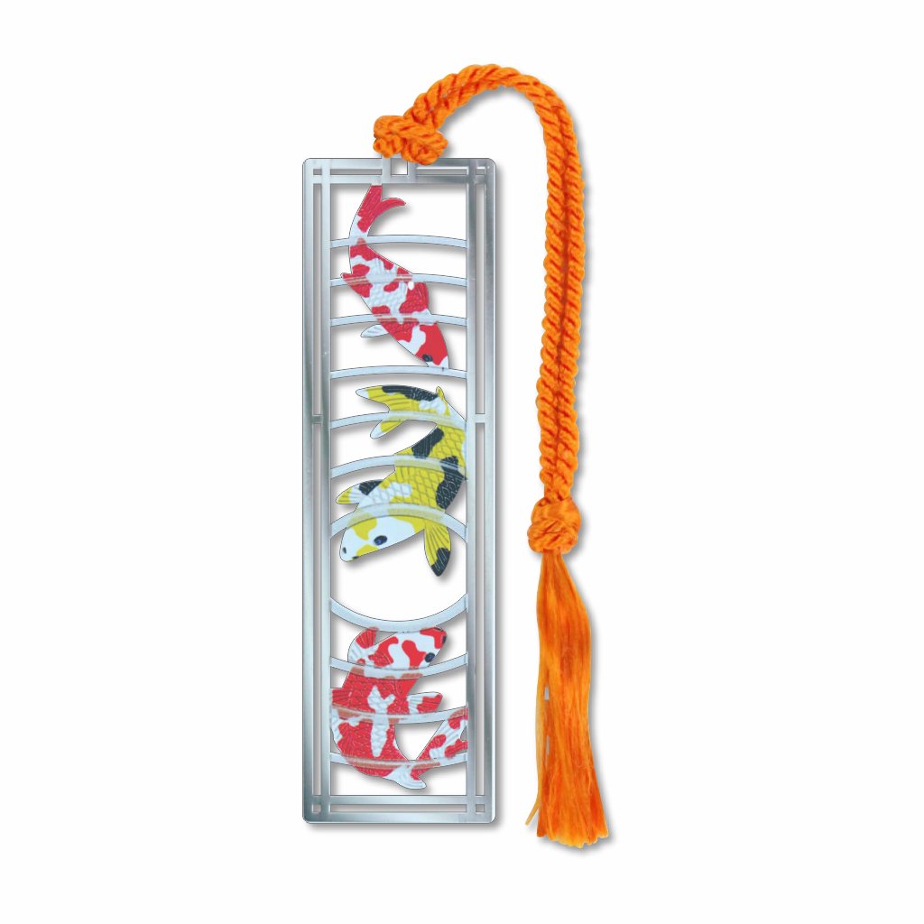 A metal bookmark with a koi red, white and yellow, black fish design in silver frame silver finish, attached to an orange tassel.