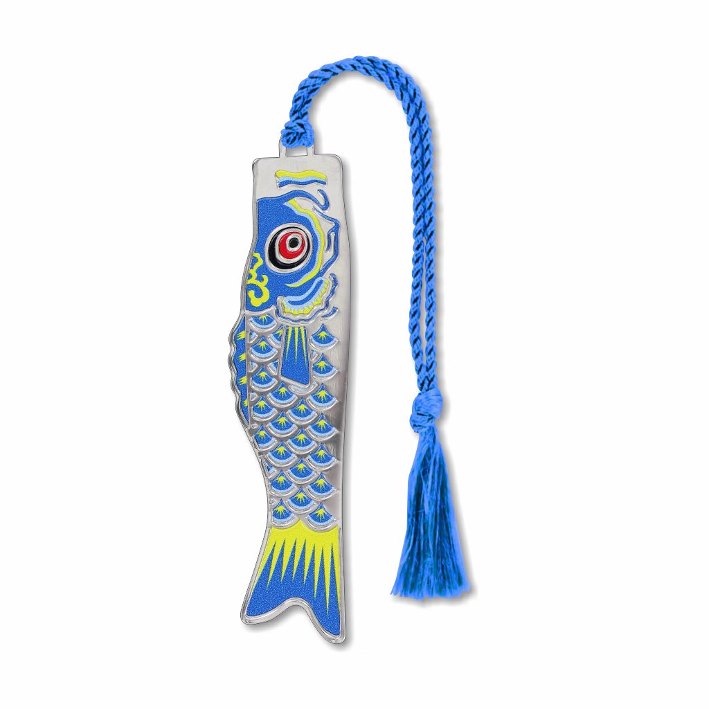 A metal bookmark with a blue and silver scales with yellow highlights koinobori design of a windsock, attached to a blue braided tassel.