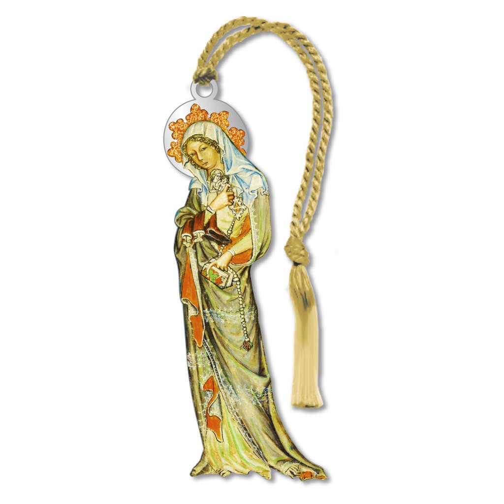 A silver metal bookmark featuring an image of a historical female figure, Hedwig, carrying her shoes, with a gold tassel.