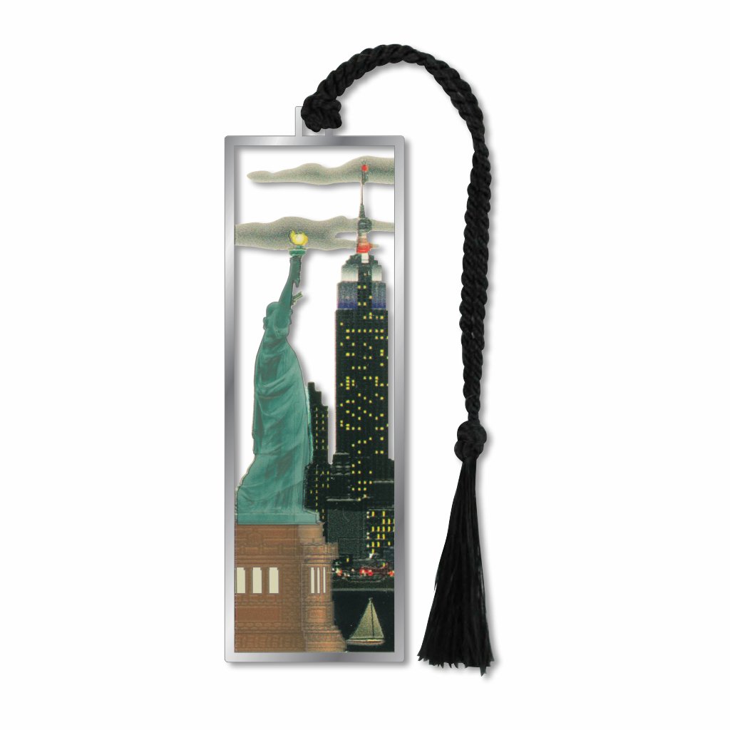 Liberty and Empire State metal bookmark inspired by a view across New York Harbor, featuring the Statue of Liberty and the Empire State Building side by side. The design highlights the intricate architectural details and monumental scale of these two iconic New York landmarks, dedicated in 1886 and opened in 1931 respectively with black braided tassel.