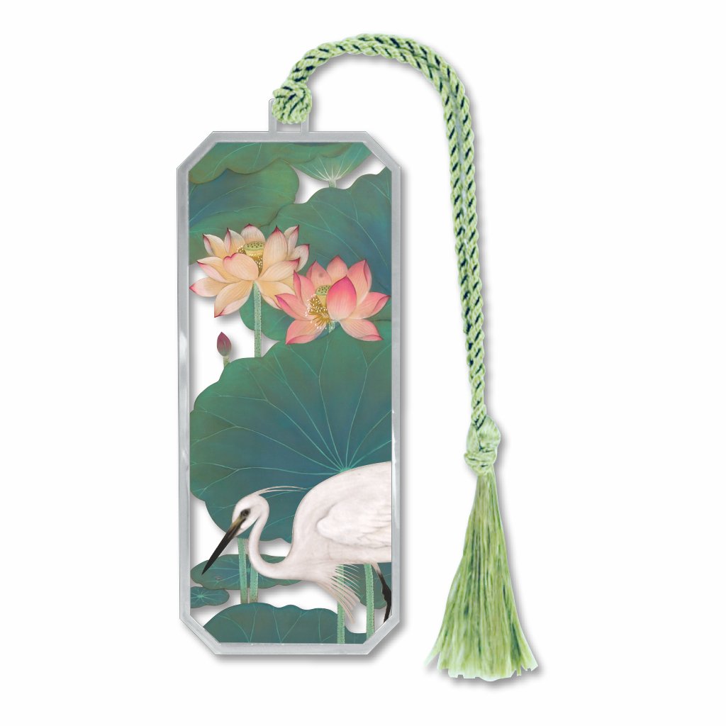 Lotus Pond metal bookmark featuring artwork by Taiwanese artist Lin Yu-shan, depicting lotus blossoms glowing in the golden dawn light over a peaceful pond in Chiayi, Taiwan.