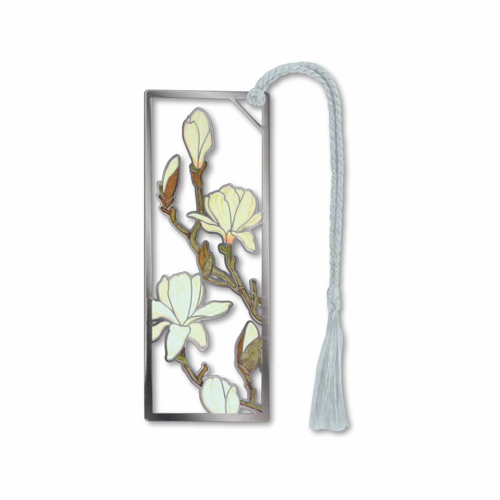 A metal bookmark with a magnolia flower design, electro-plated with non-tarnishing silver finish, attached to a silver tassel.