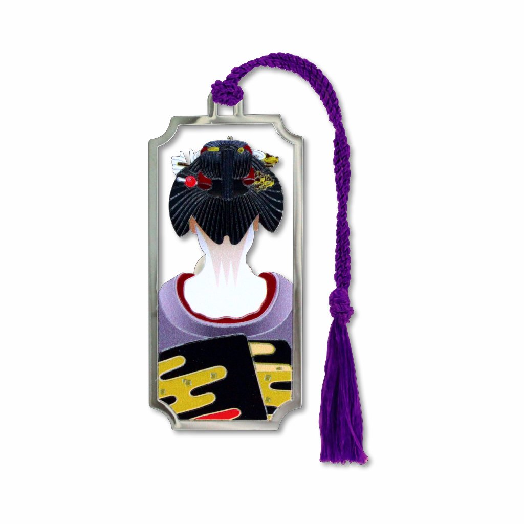 A metal bookmark with a depiction of a traditional Japanese geisha in black and purple colors showing hair ornaments, and a purple tassel.