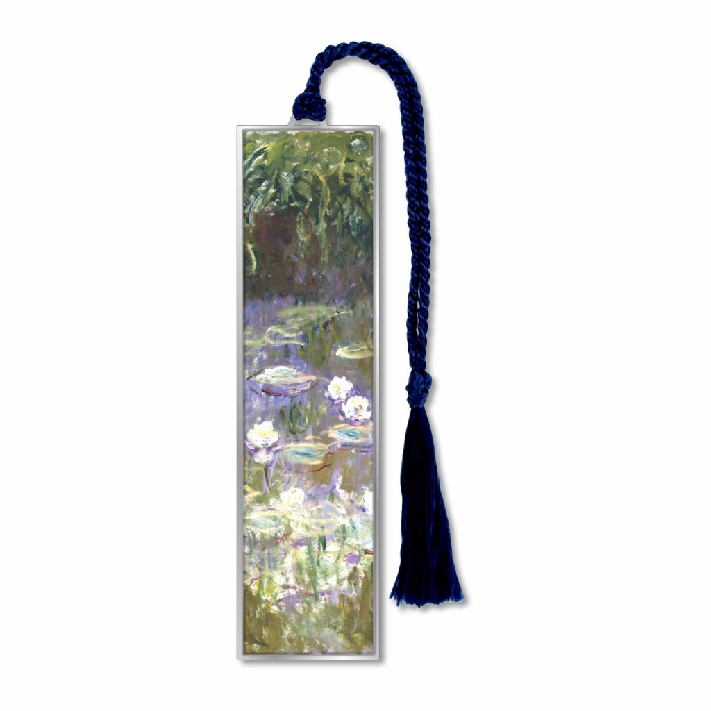 A silver metal bookmark of Monet's water lilies painting, featuring a blue tassel and a non-tarnishing silver finish.