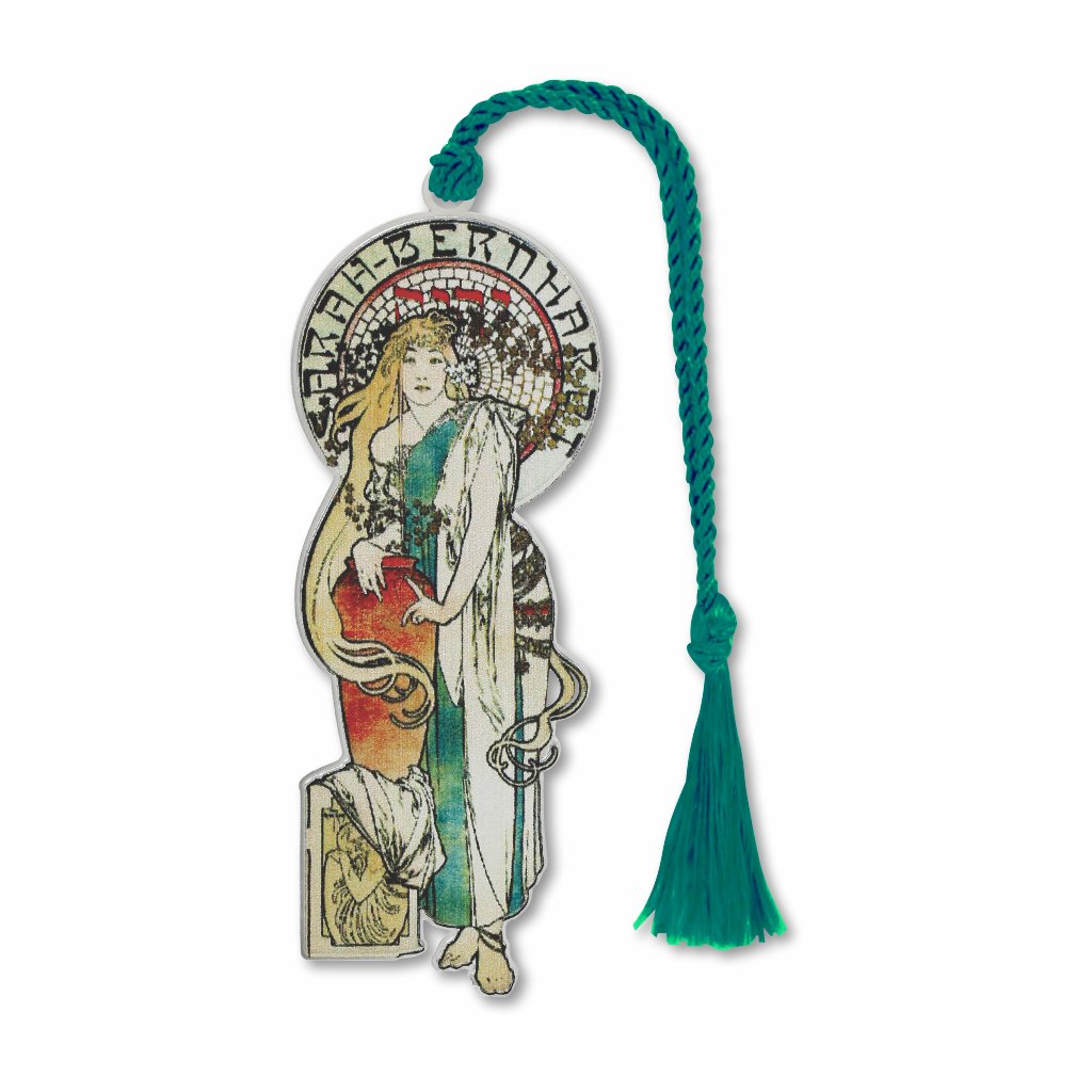 A brass bookmark with an illustration of Sarah Bernhardt, featuring a colorful finish and a teal tassel.