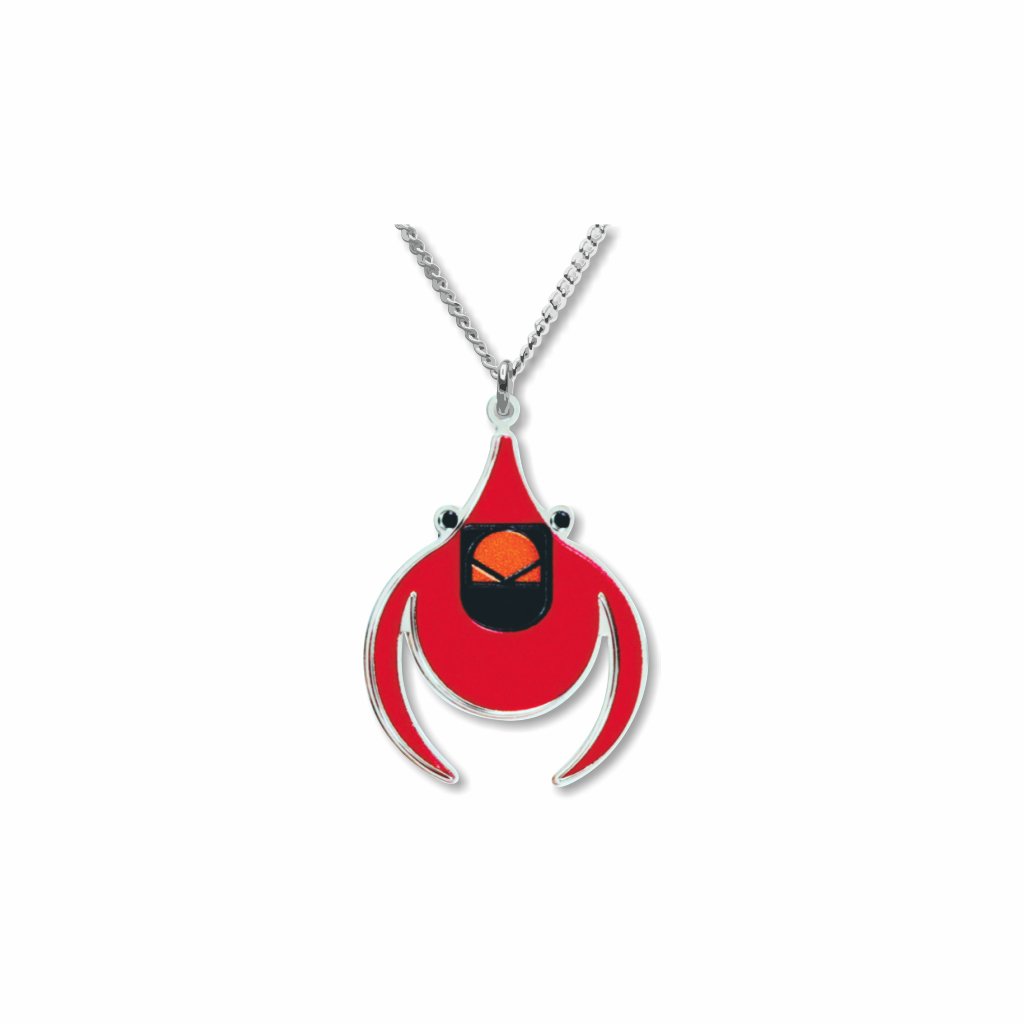 Cardinal pendant necklace featuring a bold red and black stylized bird design inspired by Charley Harper’s minimalist wildlife artwork.