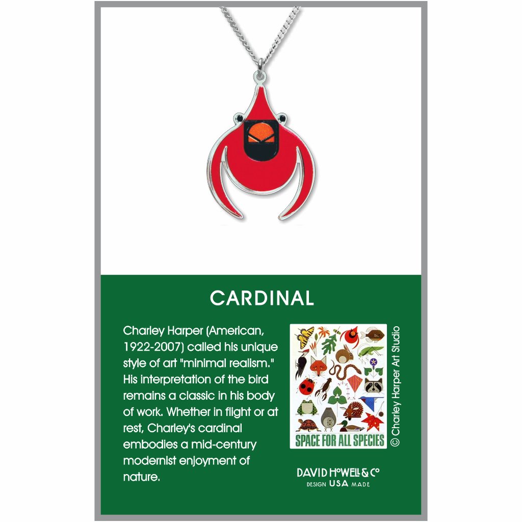Cardinal pendant necklace inspired by Charley Harper artwork, featuring a stylized red cardinal bird design in enamel on a silver-tone chain.