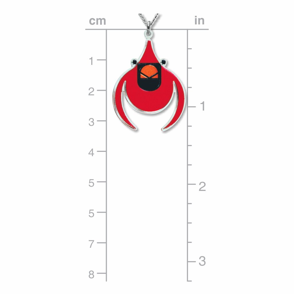 Hang size chart showing the dimensions of the Cardinal pendant charm in centimeters and inches.