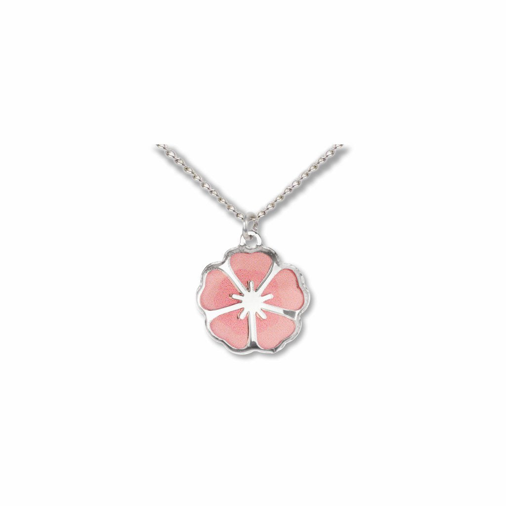 Single Blossom necklace featuring a silver-tone cherry blossom pendant with soft pink enamel petals suspended from a delicate chain.
