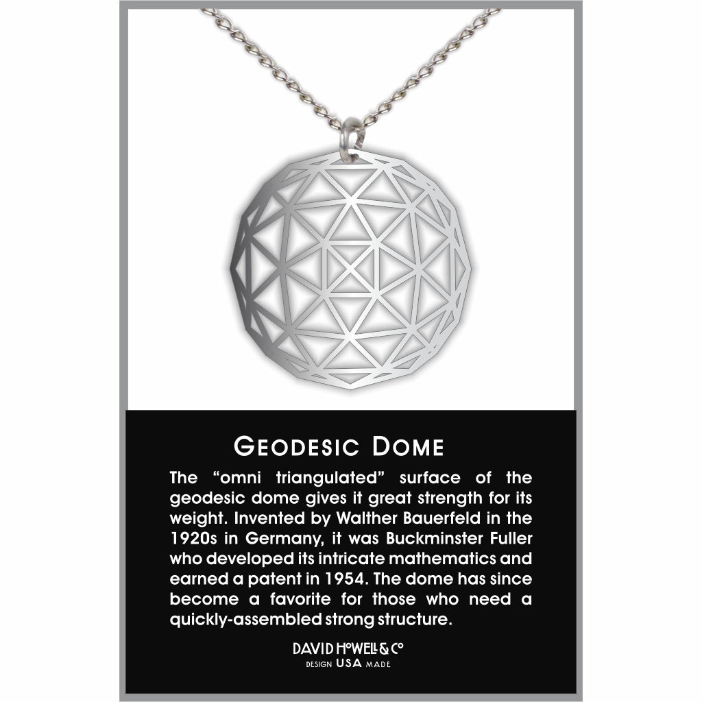 Geodesic Dome necklace displayed on packaging with a silver-tone geometric pendant featuring an open triangular dome pattern on a silver chain.