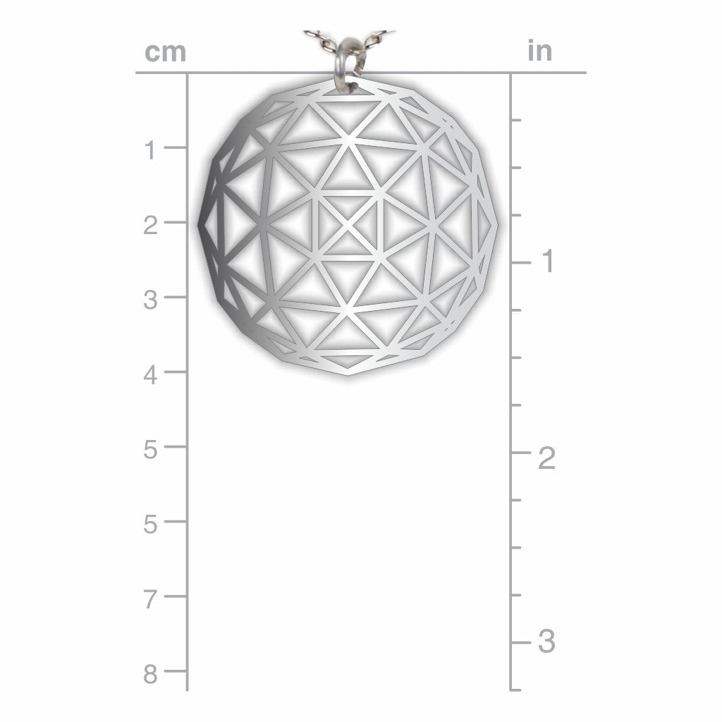 Geodesic Dome necklace pendant size comparison image showing a silver-tone geometric pendant with an open triangular dome pattern against a centimeter and inch measurement scale.