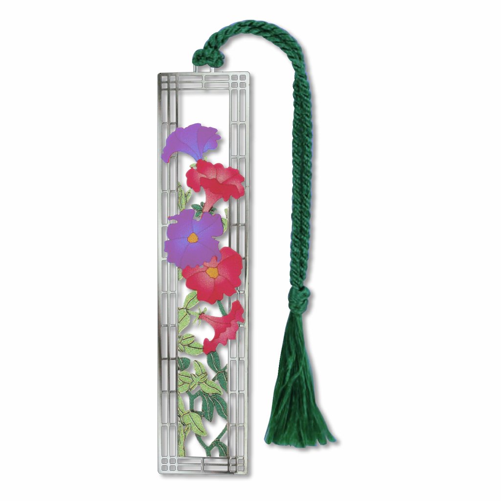 Blooming purple and pink petunias framed in silver metal with green tassel.