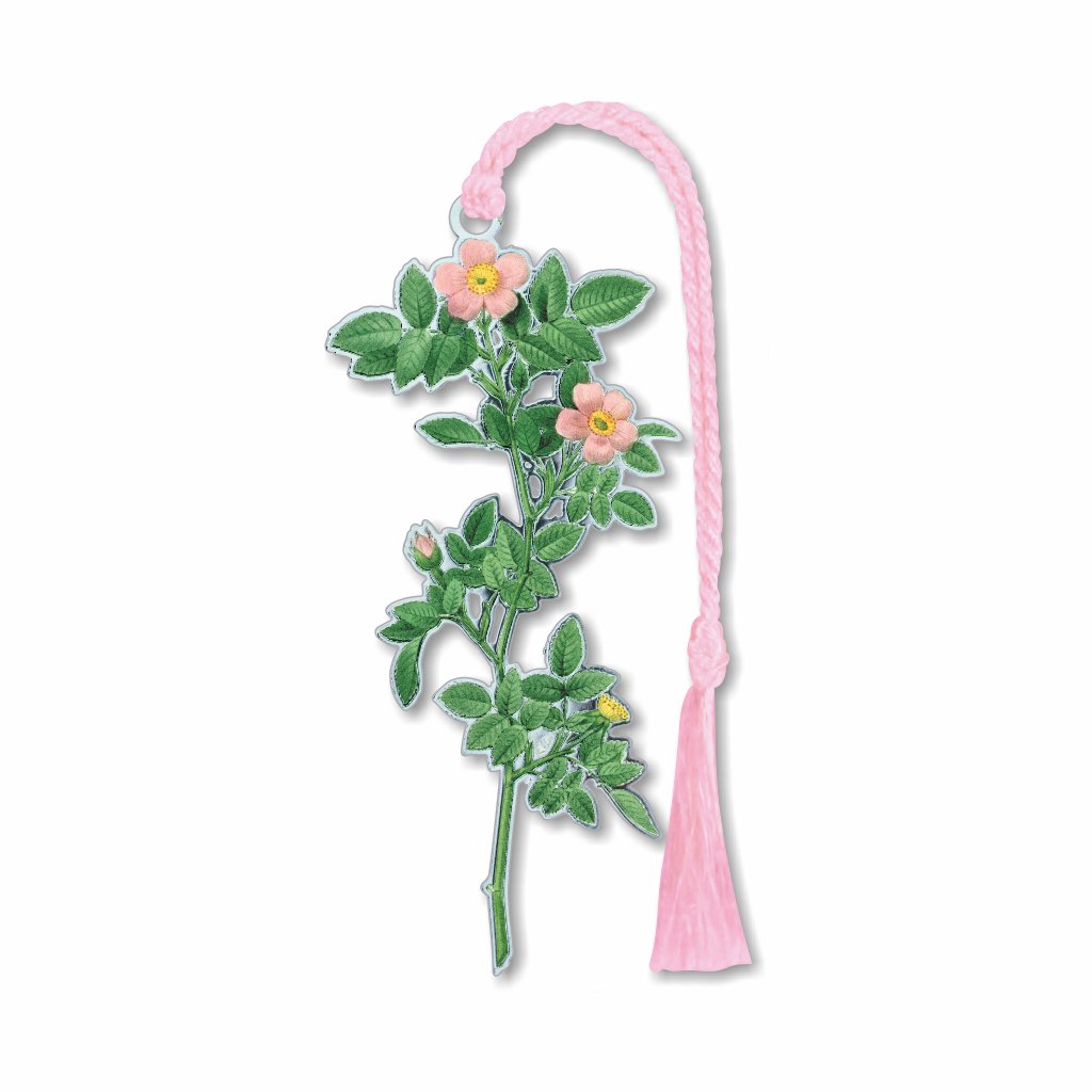 A metal bookmark with a pink tassel featuring an illustration of a rose plant with green leaves and yellow centers, inspired by Pierre-Joseph Redouté's Roses with pink braided tassel.