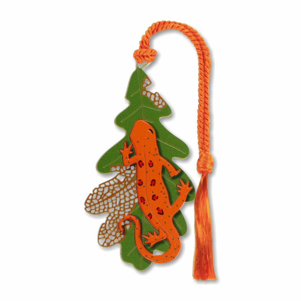 A metal bookmark in the shape of a red eft newt salamander with a green leaf and orange tassel.