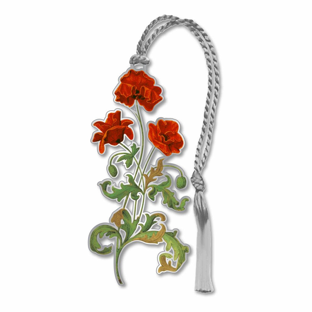 A metal bookmark with a design inspired by red poppies with a braided silver tassel.