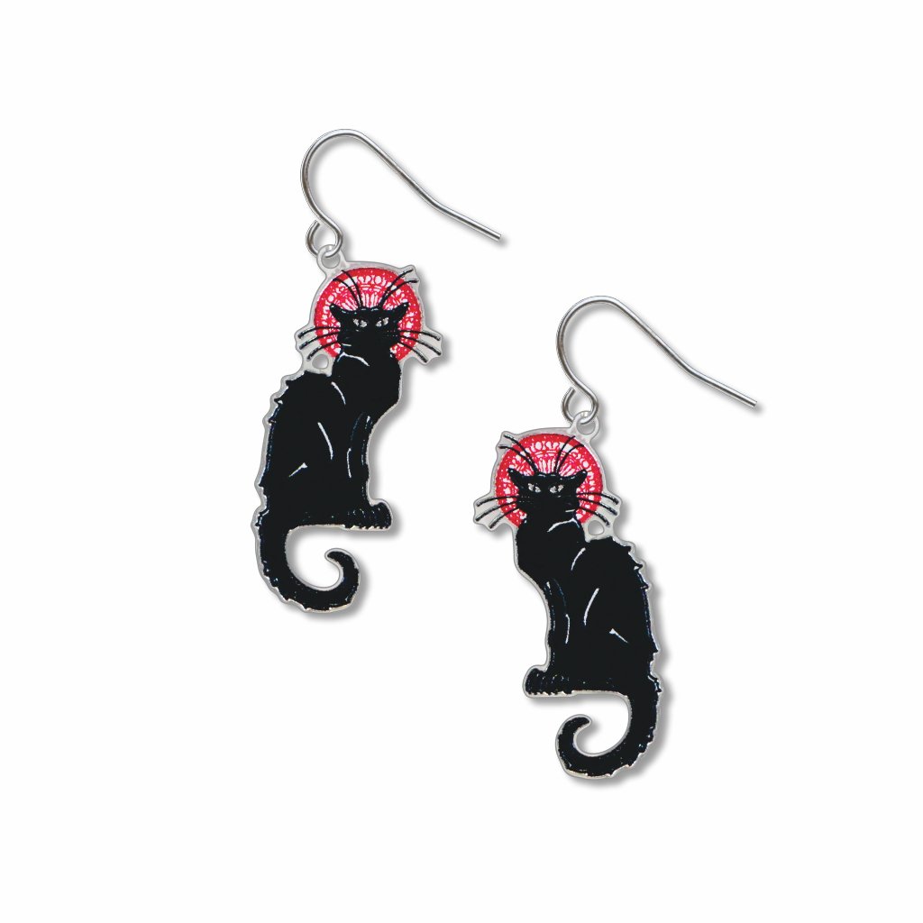 Le Chat Noir features a black cat with a red halo with silver finish, hyo-allergenic ear wires.