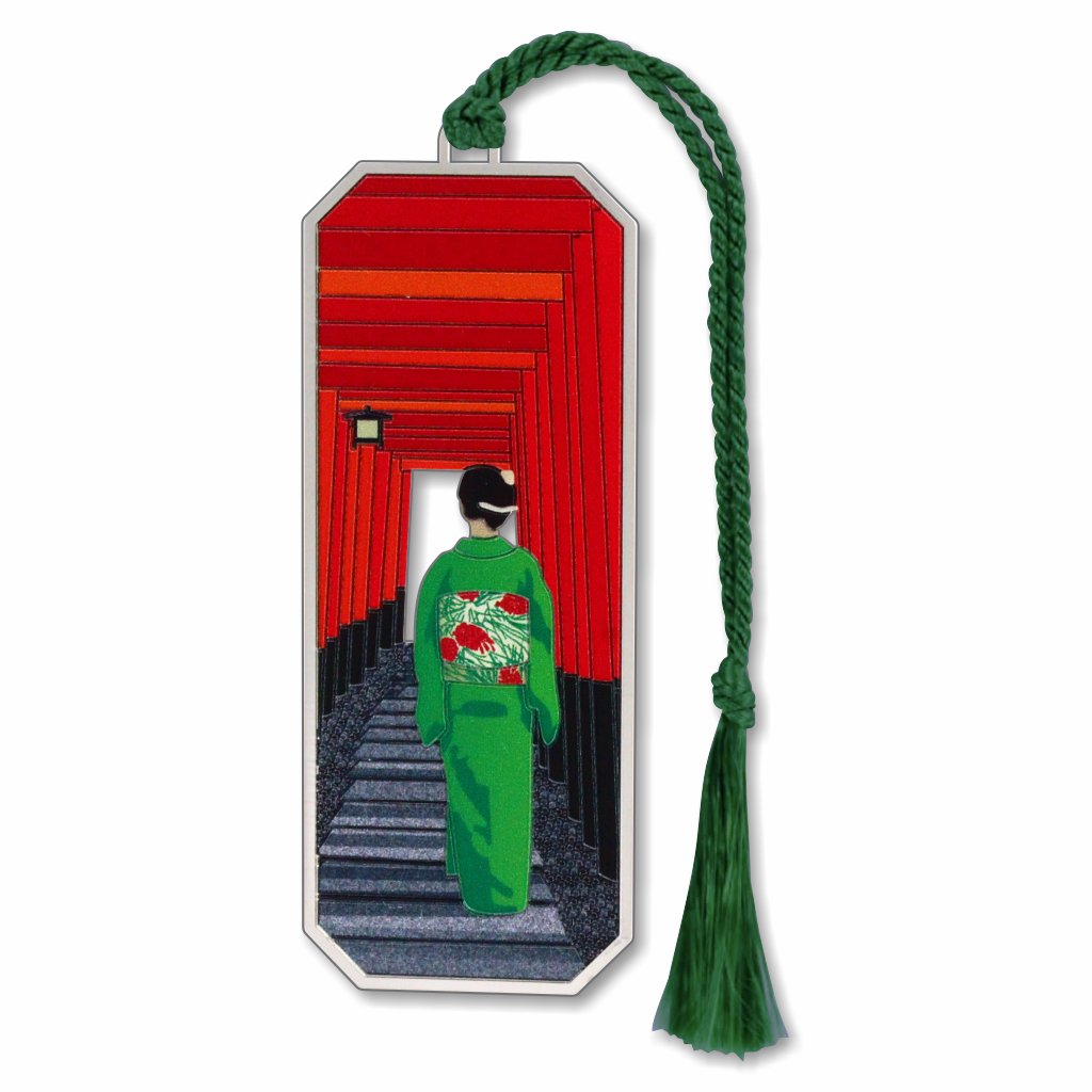 Green dressed Geisha walking in trails lead into the wooded forest to the Shinto Shrine silver metal bookmark with braided green tassel.