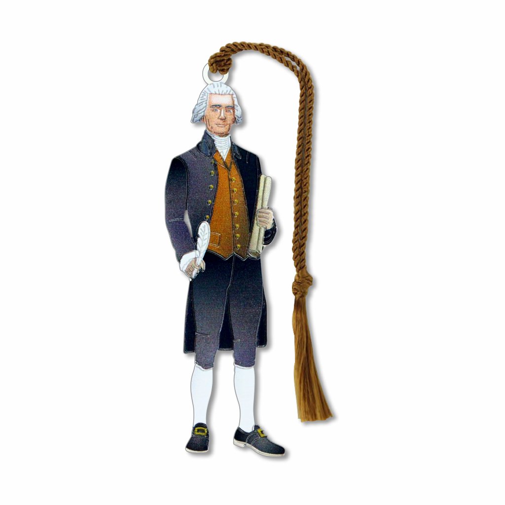 A metal bookmark shaped like Thomas Jefferson in a blue top coat holding a quill and Declaration of Independence with a brown braided tassel.