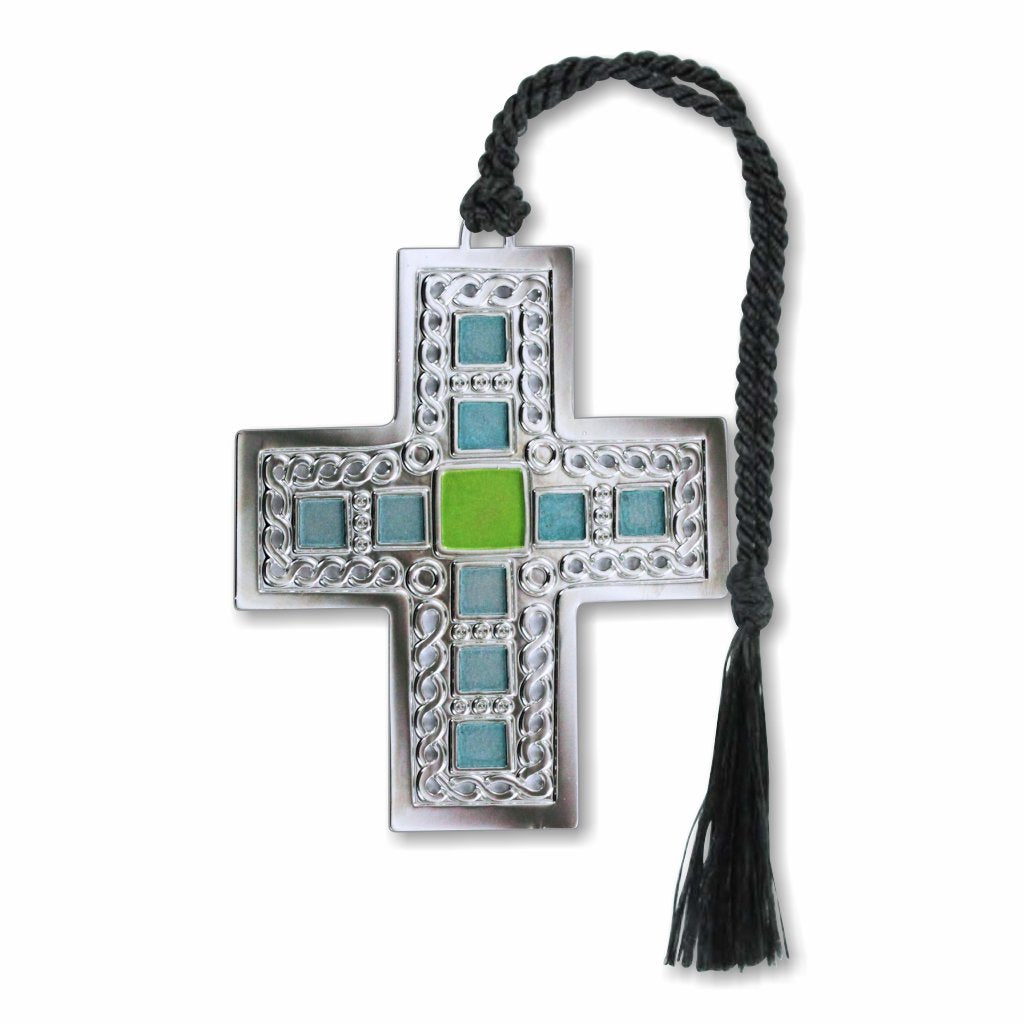 A silver metal bookmark in the shape of a cross, featuring a combination of silver and colorful blue and green accents, with a black tassel.