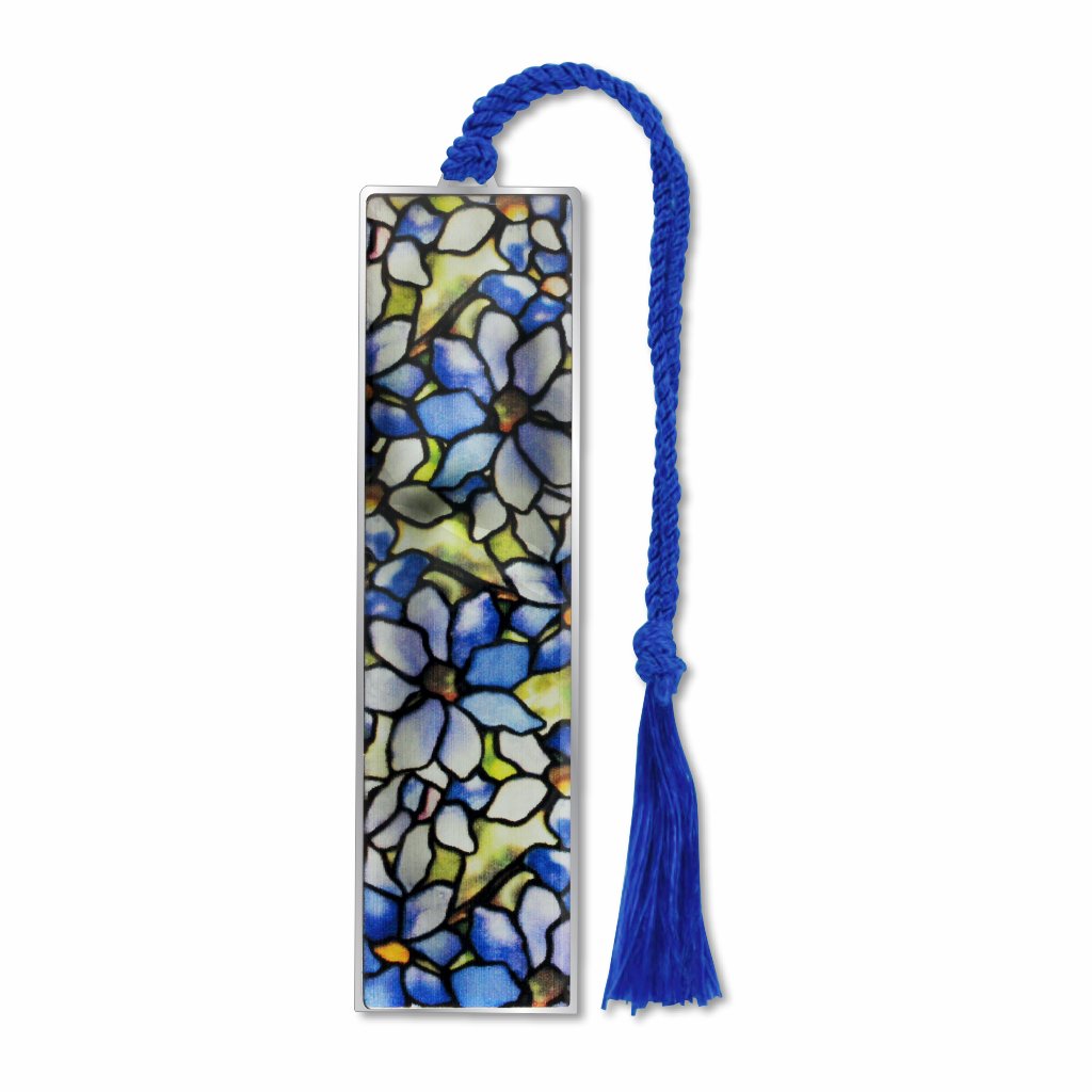 A metal Tiffany silver framed bookmark with a stained glass clematis floral design featuring blue and yellow flowers, attached to a blue tassel.