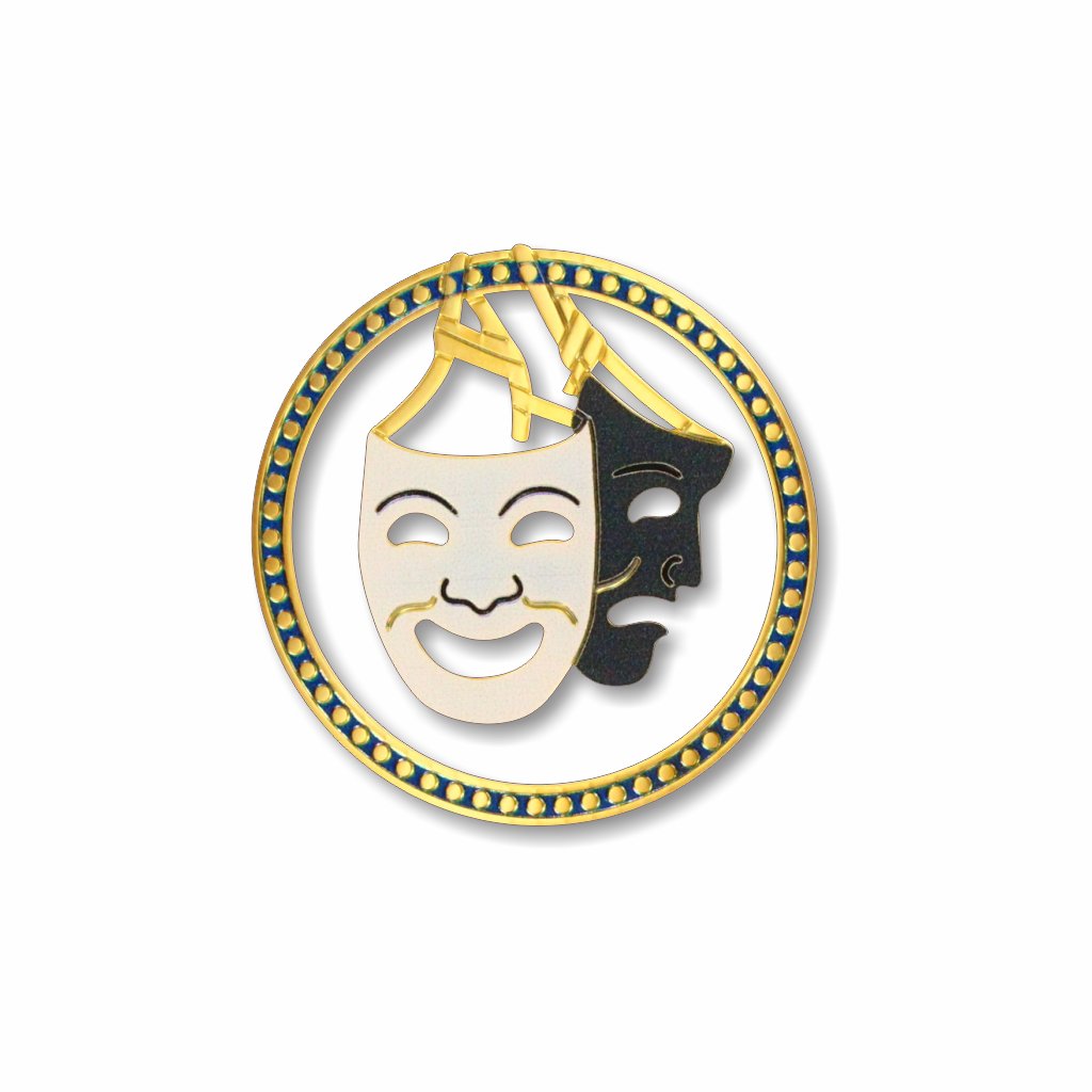 Tragedy & Comedy clip metal bookmark featuring the classic theatrical symbol of two masks representing sorrow and joy. Inspired by masks used in ancient theater traditions such as ancient Greek drama, the design reflects how actors once performed in masks associated with different character types and emotions. The exaggerated, open mouths of the masks symbolize projection in early theater, where they helped amplify the performer’s voice during stage performances.