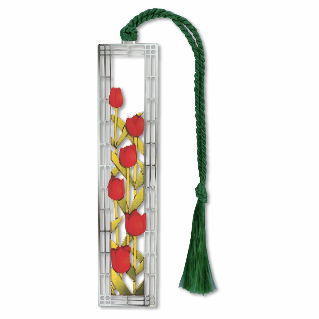 Engraved brass of 6 red tulips with green stems bookmark in silver frame with green braided tassel.