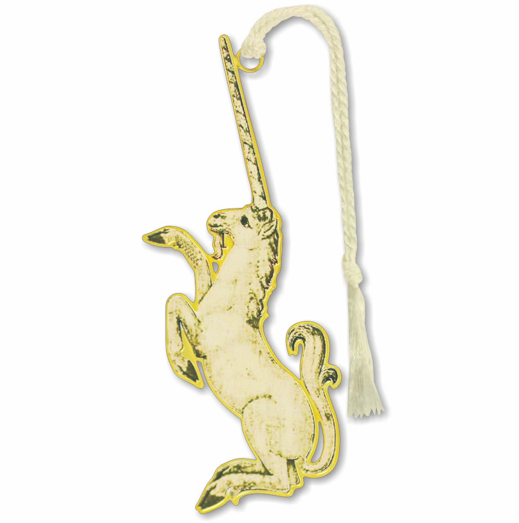 Unicorn metal bookmark featuring a depiction of a mythical unicorn, a legendary creature from medieval and Renaissance lore symbolizing purity, grace, and untamed nature. Traditionally described as a wild woodland animal that could only be captured by a virgin, the unicorn is shown with a single horn believed in historical encyclopedic accounts to purify poisoned water and heal illness with cream braided tassel.