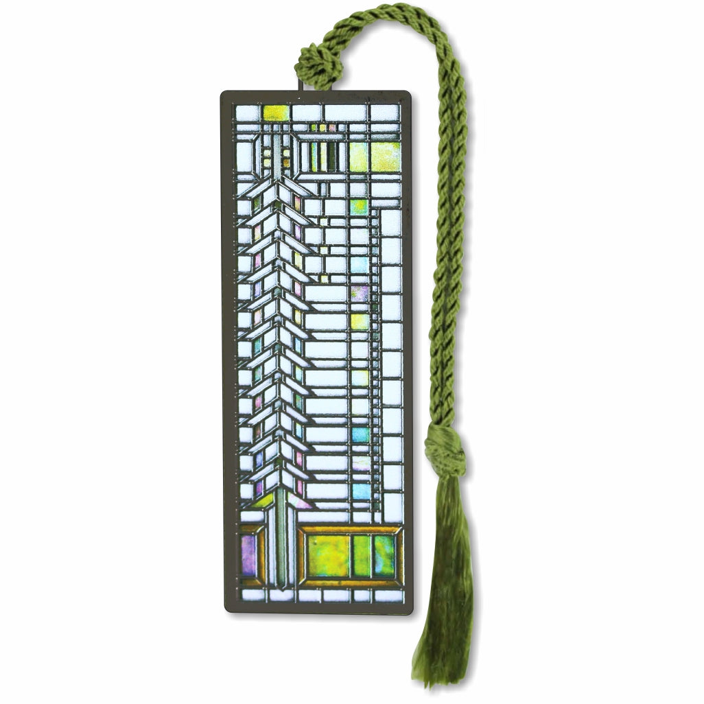 Frank Lloyd Wright Casement Window is a foundation-approved metal depicting a geometric pattern design of a stained-glass window with a green braided tassel
