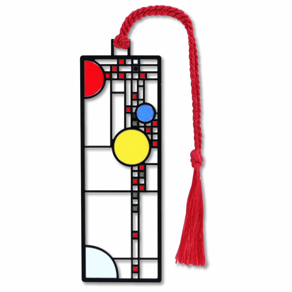 Frank Lloyd Wright Coonley Playhouse Window Metal Bookmark is foundation-approved, featuring a geometric pattern of primary colors inspired by a stained-glass window design with a red braided tassel.