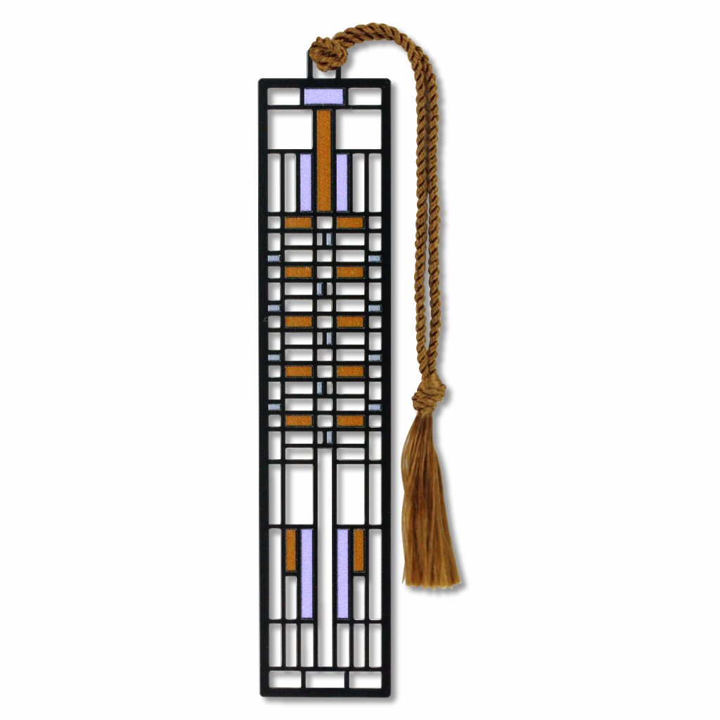 Frank Lloyd Wright Dana House Metal Bookmark is foundation-approved, featuring a geometric pattern of purple and brown inspired by a stained glass window design with a green braided tassel.