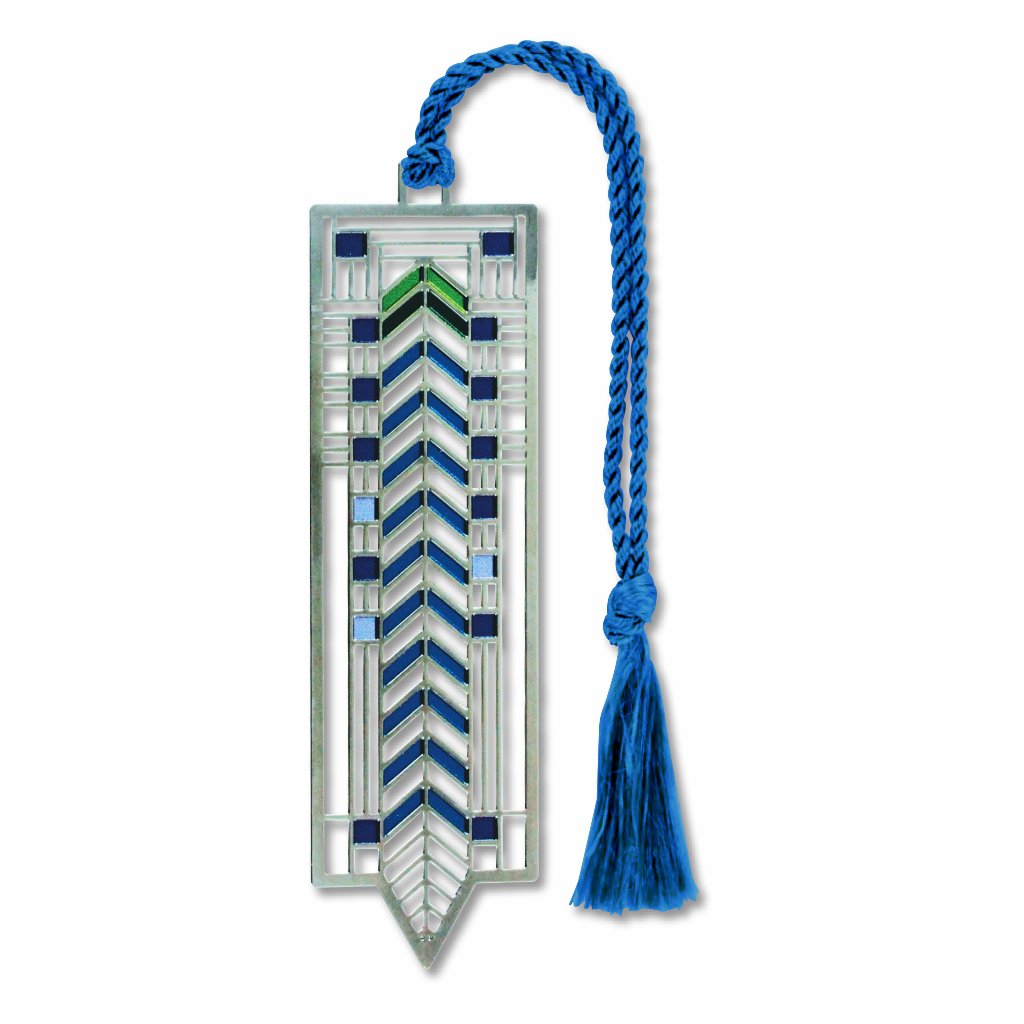 Prairie School Stained Glass Metal Bookmark featuring a geometric Chevron pattern inspired by a stained glass window design with a blue braided tassel