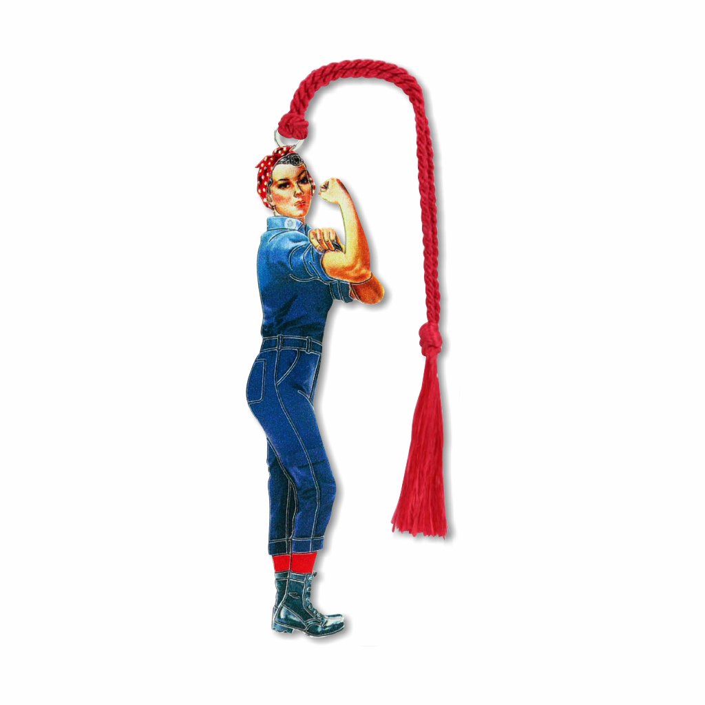 Rosie the Riveter inspired metal bookmark for book lovers art gift with red braided tassel