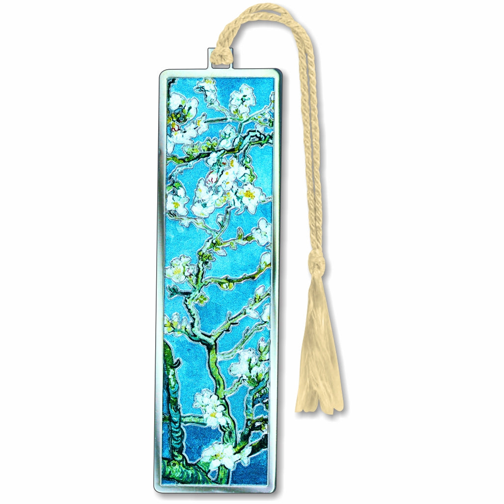 Vincent van Gogh almond blossom metal bookmark with braided cream tassel for book lovers