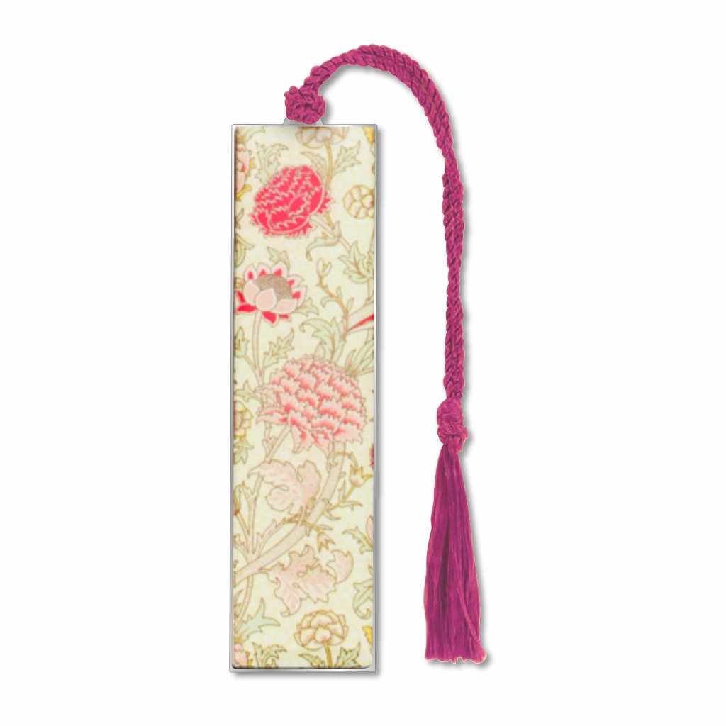 William Morris Floral Cray Metal Bookmark with cream design and pink braided tassel