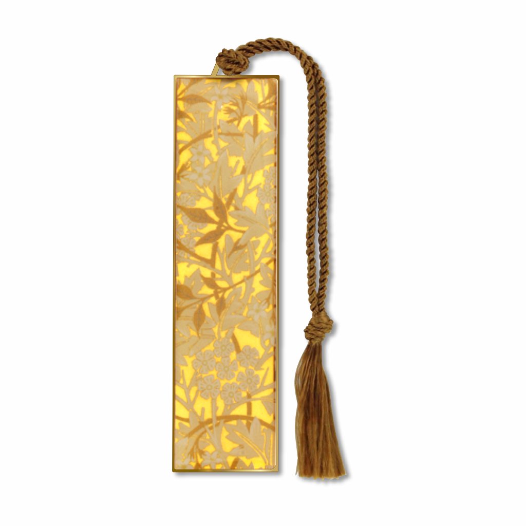 William Morris Floral Jasmine Metal Bookmark with gold leaves design and brown braided tassel