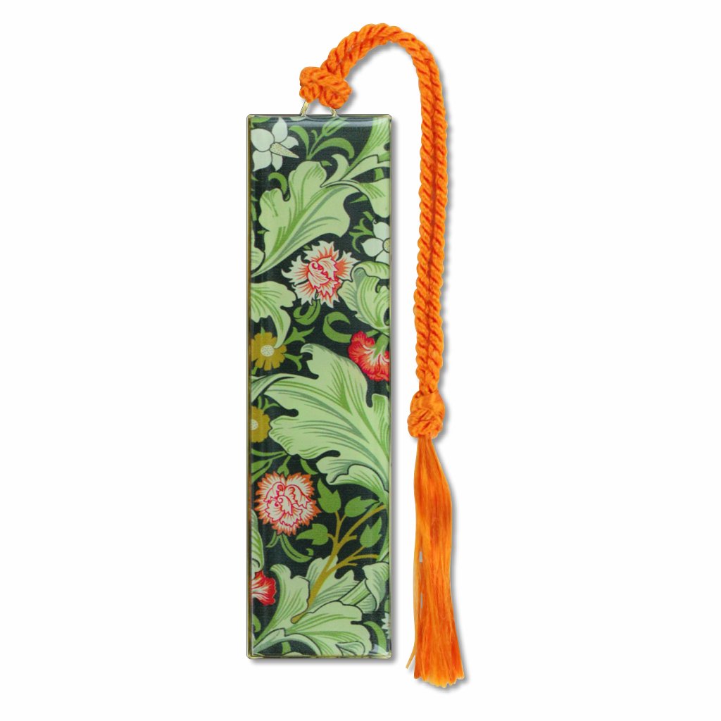 William Morris Floral Leicester Metal Bookmark with green leaf design and orange braided tassel