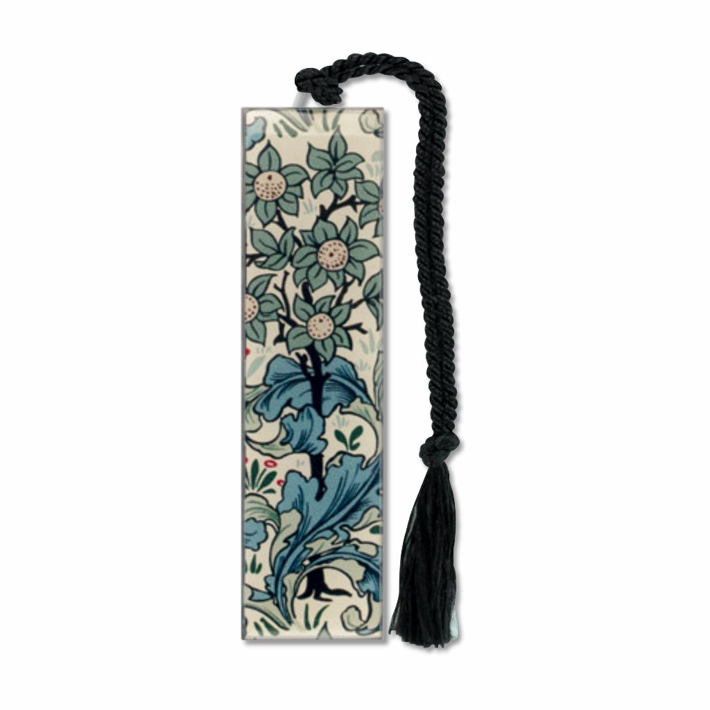 William Morris Floral Orchard Pattern Metal Bookmark with green leaves design and black braided tassel
