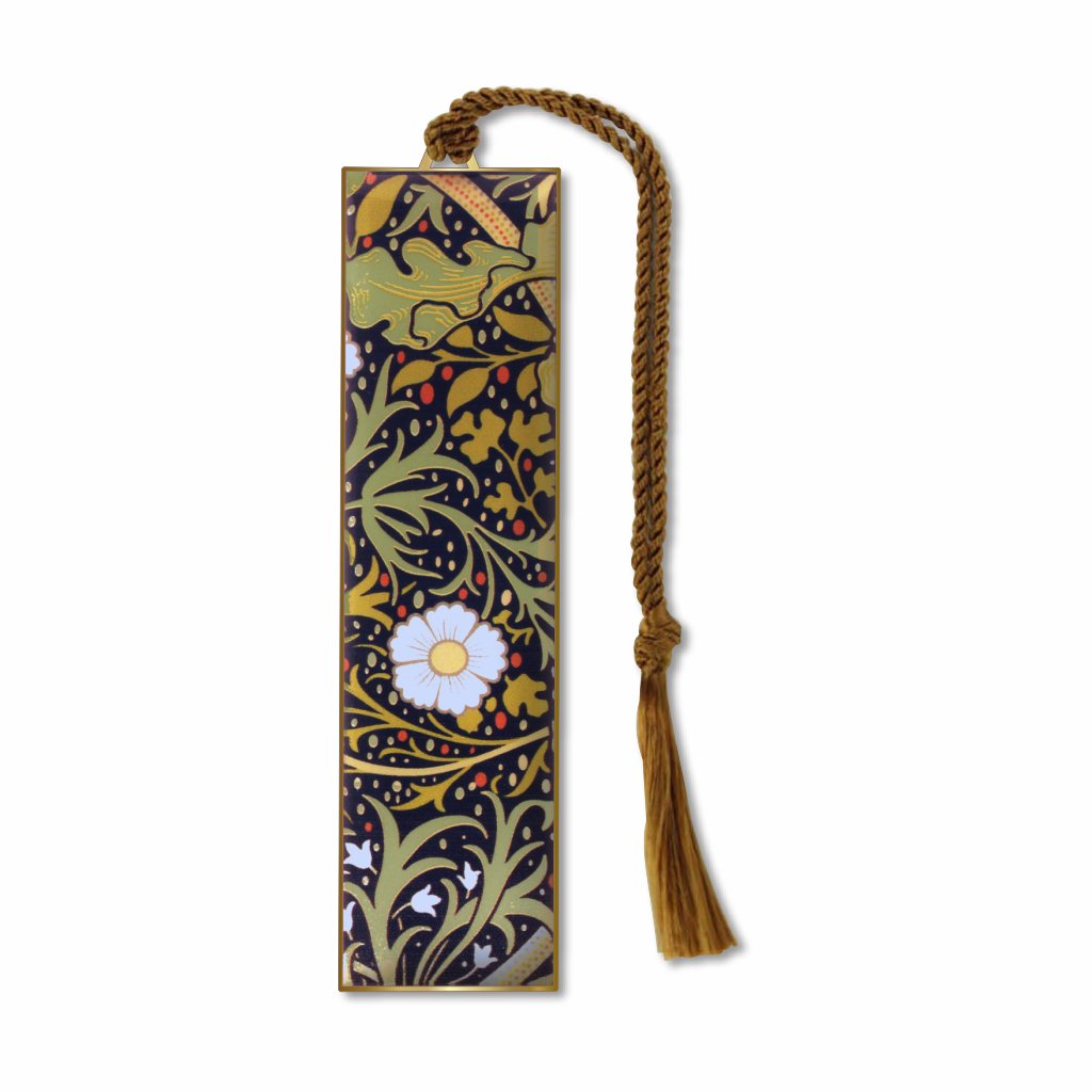 William Morris Floral Seaweed Metal Bookmark with green leaf design and brown braided tassel