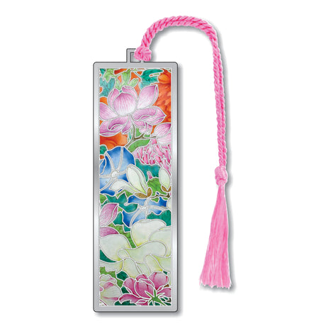 A metal bookmark  with silver finish featuring a colorful floral pattern, attached to a pink braided tassel.