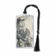 A silver metal bookmark featuring an etching by Rembrandt with a black tassel, depicting an elderly man with a child.