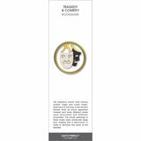 Tragedy and comedy masks bookmark with gold detailing, showing smiling and frowning theatrical faces in a circular design.