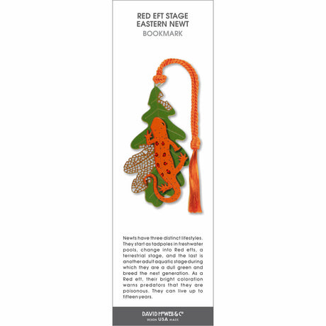 Red eft newt bookmark with bright orange salamander on green leaf and orange tassel.