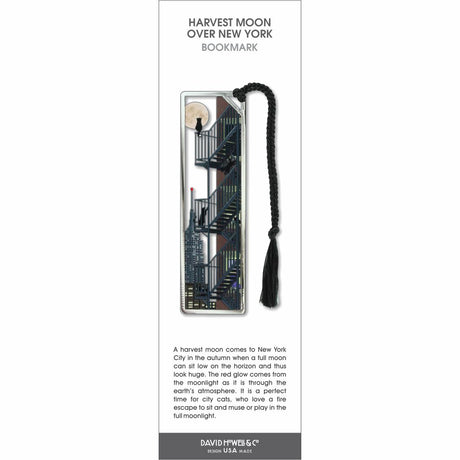 Harvest Moon Over New York bookmark with city fire escape, full moon, skyline, and black tassel.