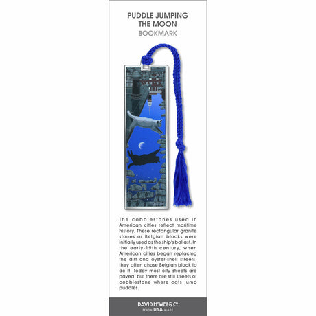 Puddle Jumping the Moon bookmark with cat leaping over cobblestones, moon reflection in water, and blue tassel.