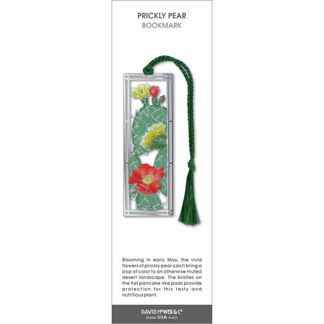 Prickly pear cactus bookmark with green pads, yellow and red flowers, silver frame, and green tassel.