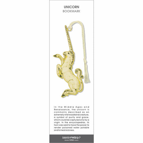Unicorn bookmark featuring a rearing unicorn with long horn, gold tone design, and cream tassel.
