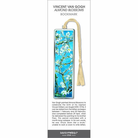 Vincent van Gogh Almond Blossoms bookmark featuring blue background with white blossoms on branches and cream tassel.