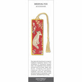 Medieval Fox bookmark featuring a fox on red millefleurs background with floral details, gold frame, and cream tassel.