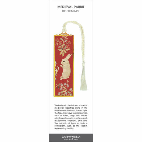 Medieval Rabbit bookmark featuring a white rabbit on red millefleurs floral background, gold frame, and cream tassel.