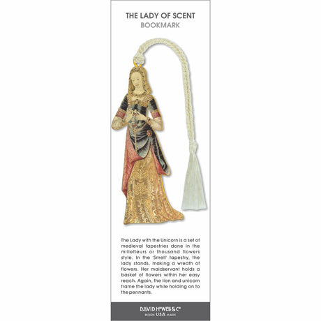 Lady of Scent bookmark featuring a medieval woman in ornate gown holding flowers, inspired by millefleurs tapestry, with cream tassel.